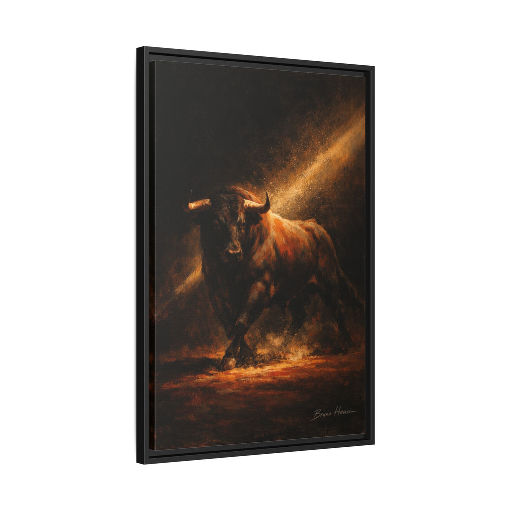 Framed Matte Canvas Art - Dramatic Charging Bull Painting