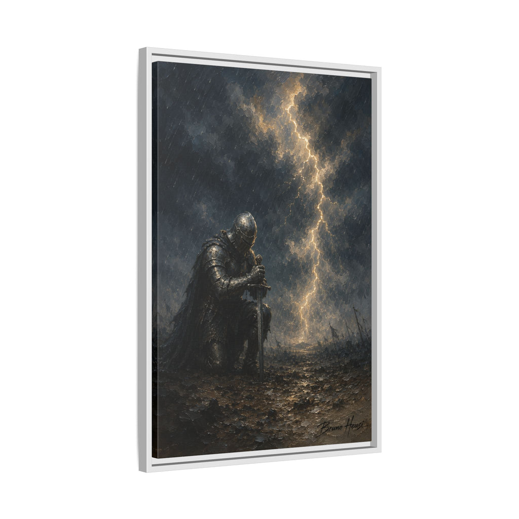 Knight in Thunderstorm Matte Framed Canvas — Dark Fantasy Wall Art
