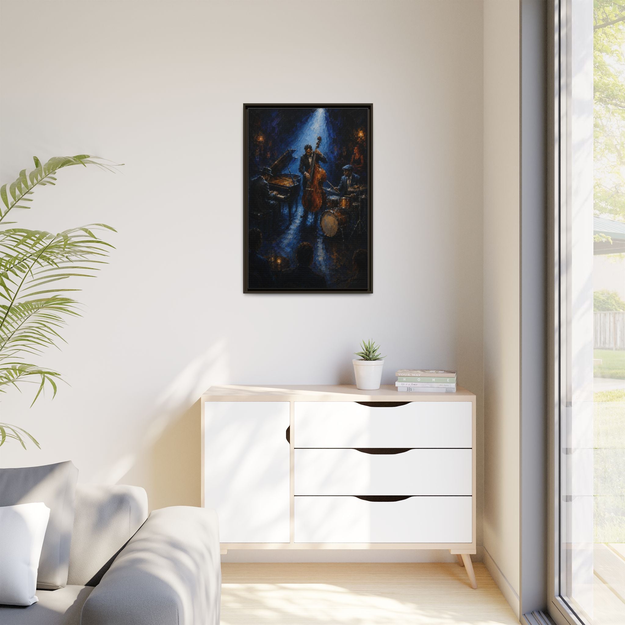Framed Jazz Quartet Canvas Wall Art – Moody Blue Music Scene