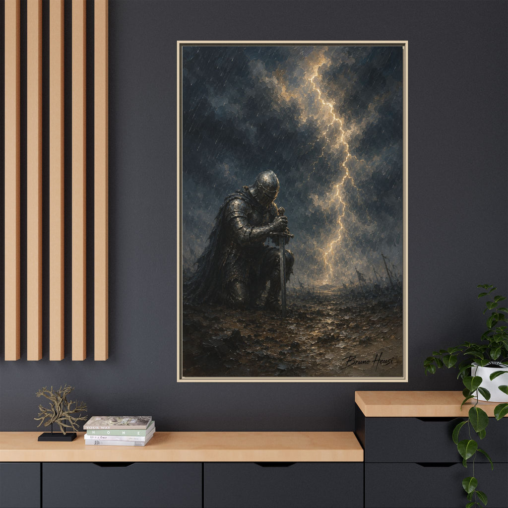 Knight in Thunderstorm Matte Framed Canvas — Dark Fantasy Wall Art