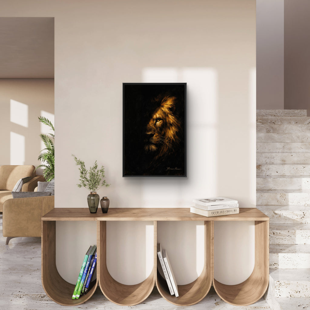 Majestic Lion Portrait Framed Canvas Wall Art — Golden Mane on Black Matte Print