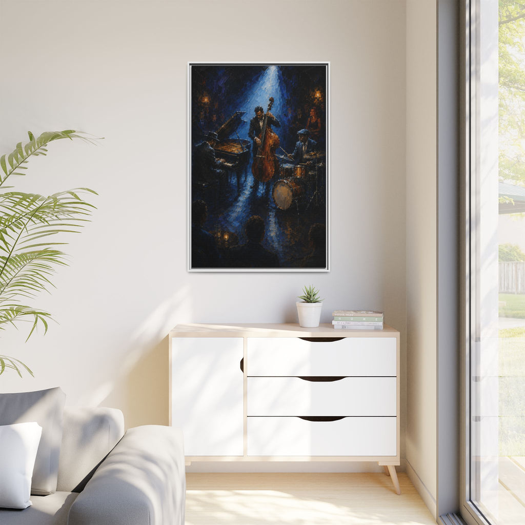 Framed Jazz Quartet Canvas Wall Art – Moody Blue Music Scene