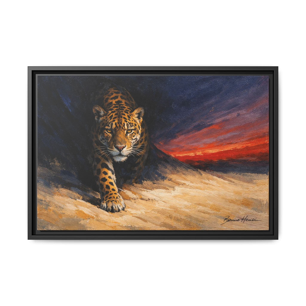 Framed Jaguar Canvas Art – Majestic Big Cat Painting with Sunset Sky
