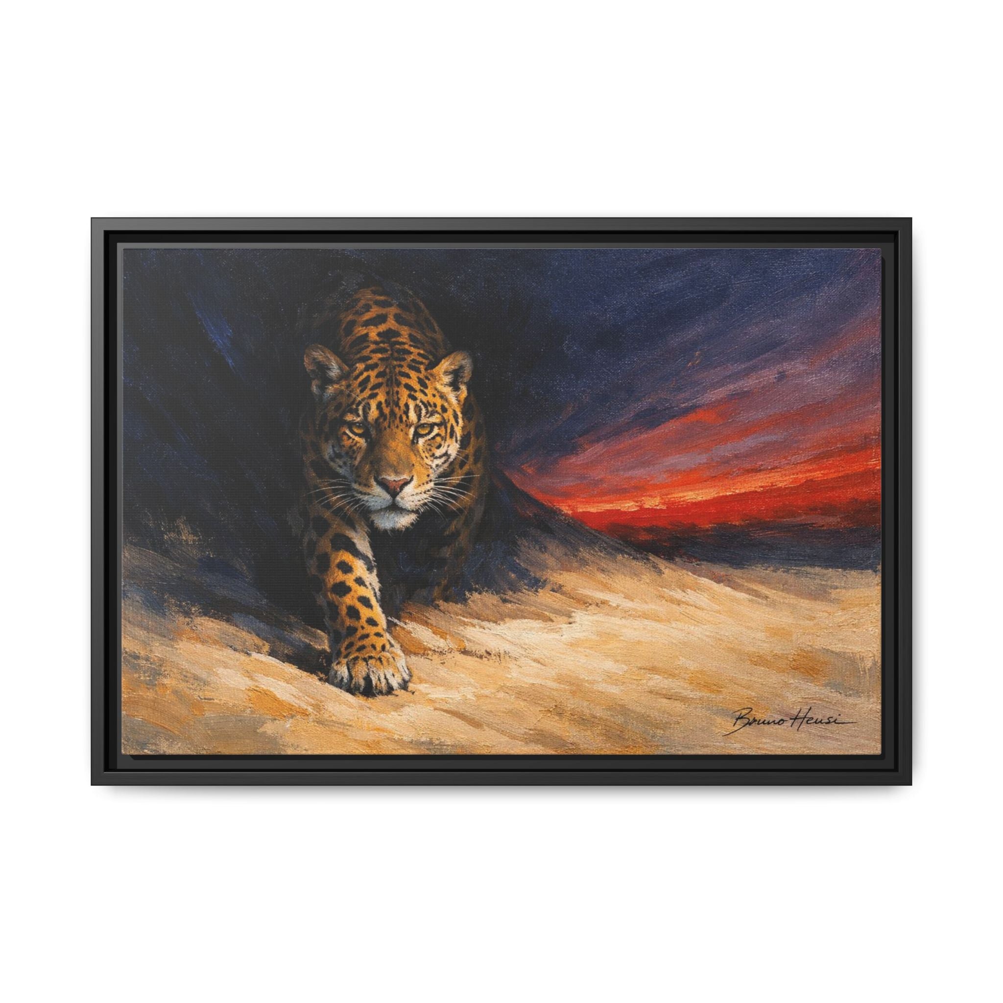 Framed Jaguar Canvas Art – Majestic Big Cat Painting with Sunset Sky