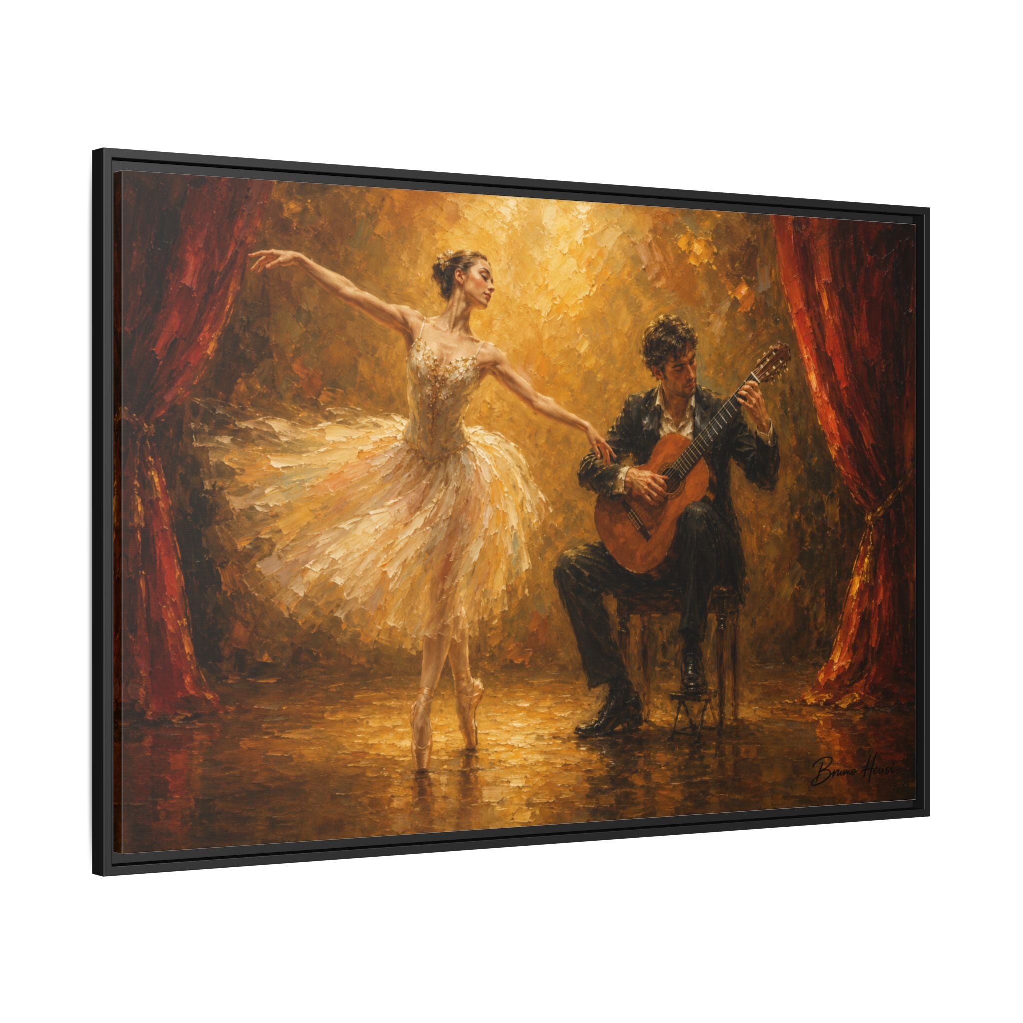 Ballet Dancer & Guitarist Framed Canvas Wall Art — Oil-Style Performance Print