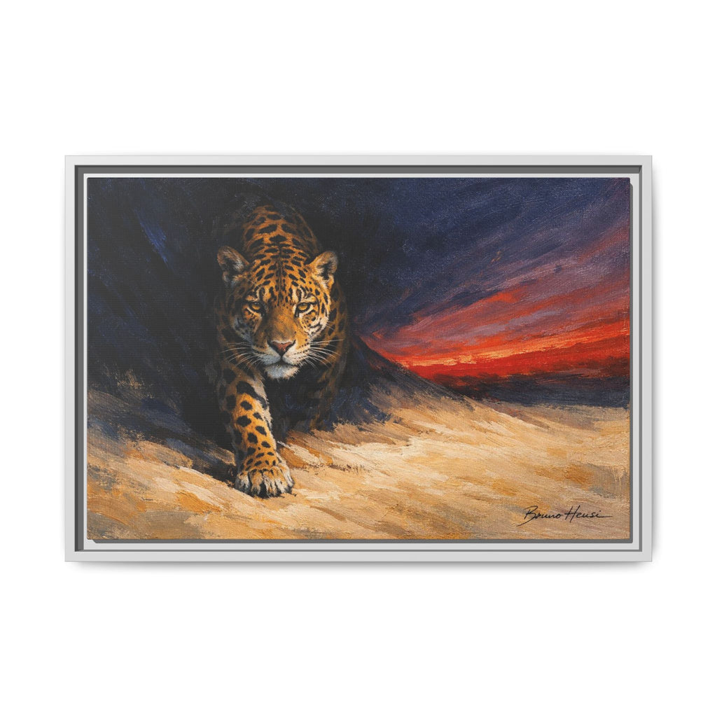 Framed Jaguar Canvas Art – Majestic Big Cat Painting with Sunset Sky