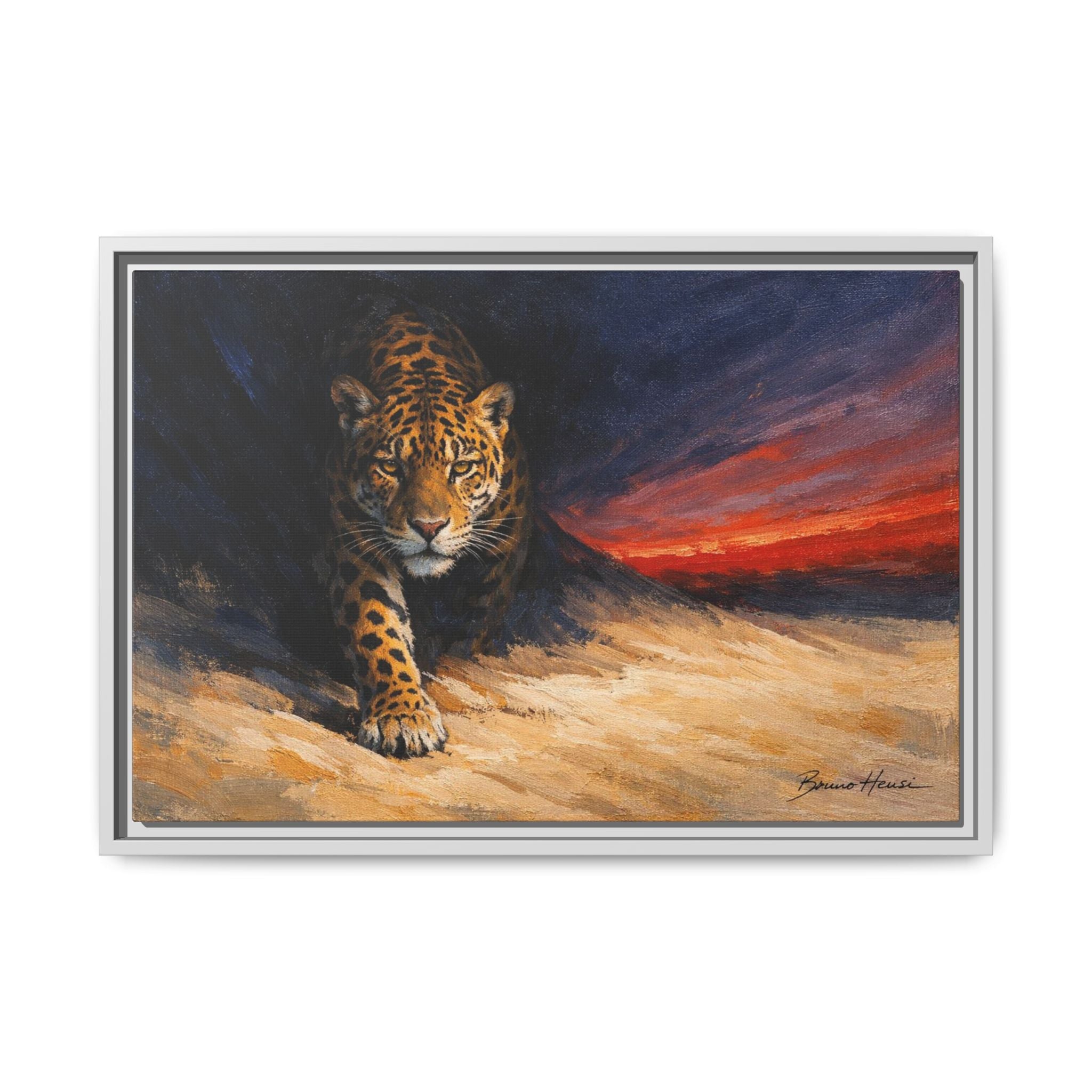 Framed Jaguar Canvas Art – Majestic Big Cat Painting with Sunset Sky