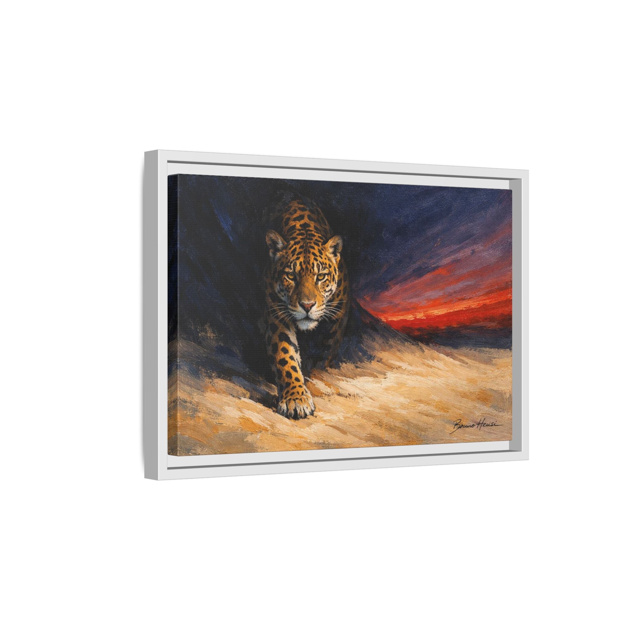 Framed Jaguar Canvas Art – Majestic Big Cat Painting with Sunset Sky