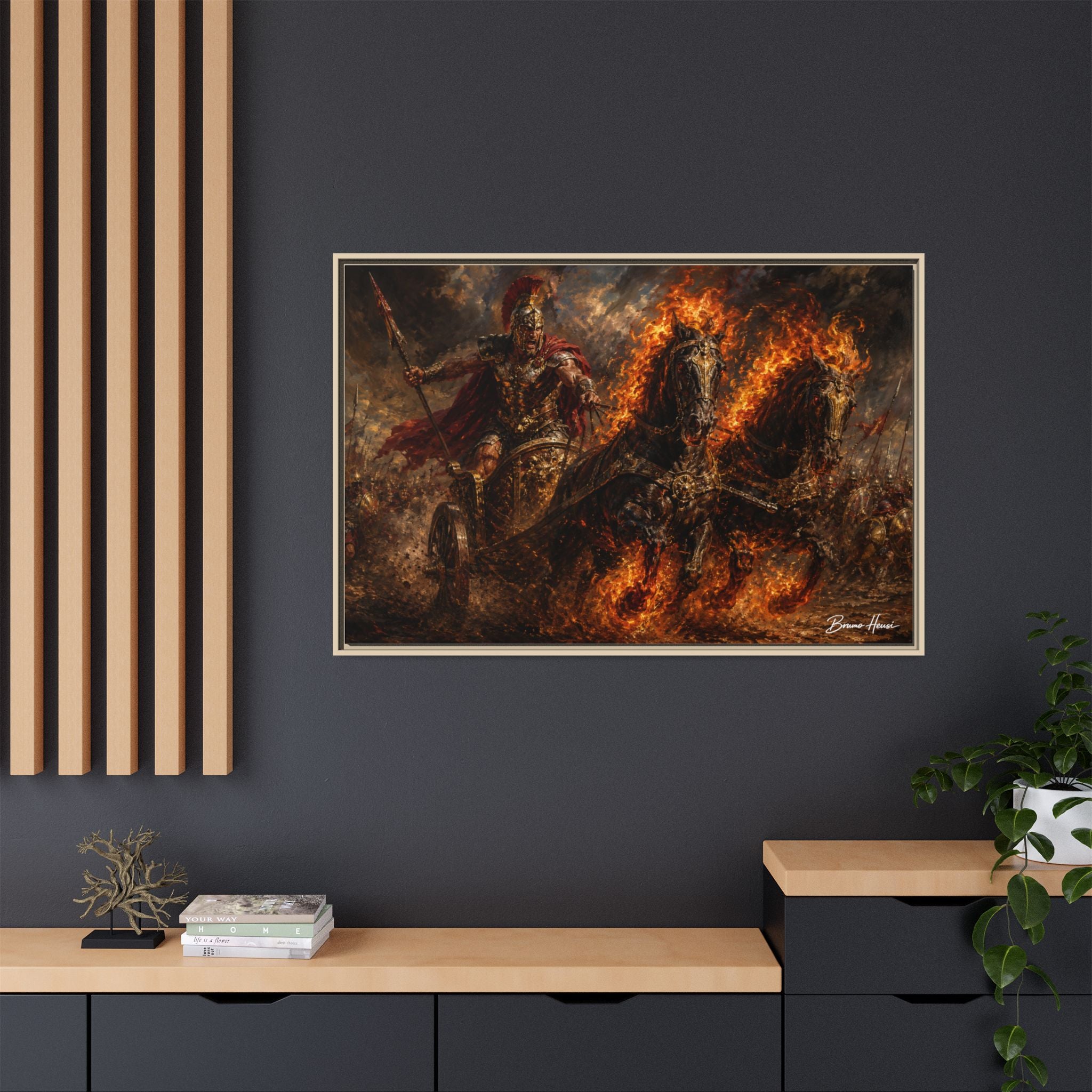 Flaming Chariot Framed Canvas Wall Art — Mythic Warrior Matte Print