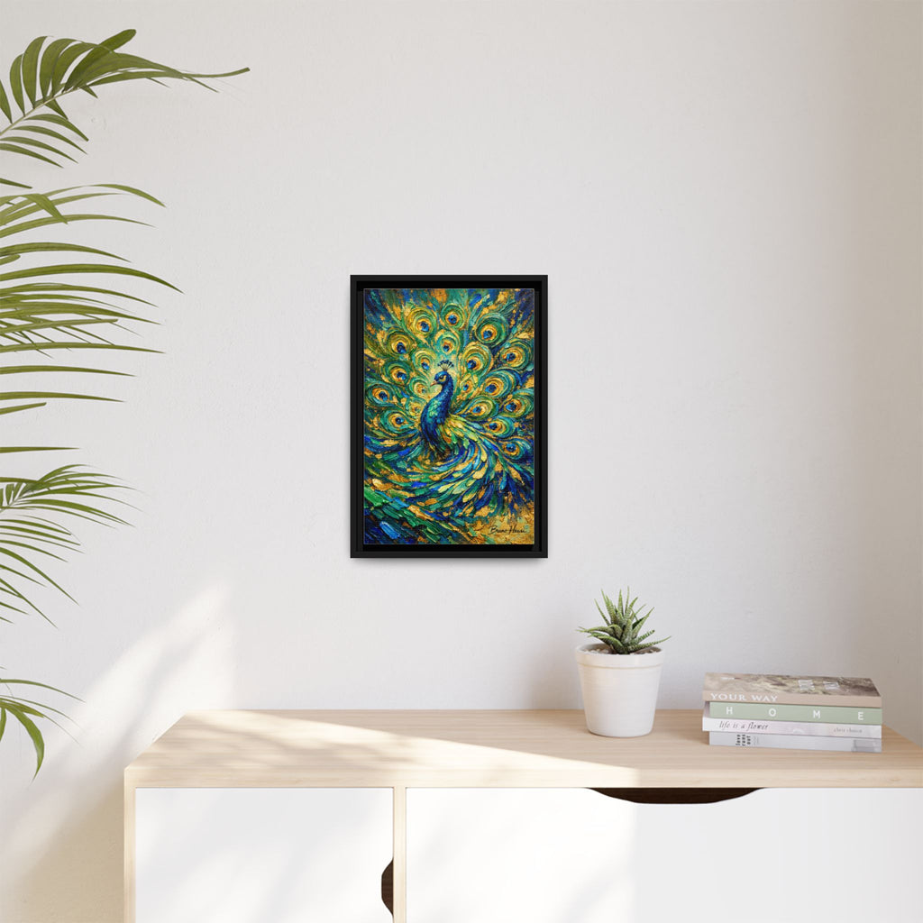 Peacock Oil-Style Framed Canvas Wall Art — Vibrant Blue & Gold Peacock Painting