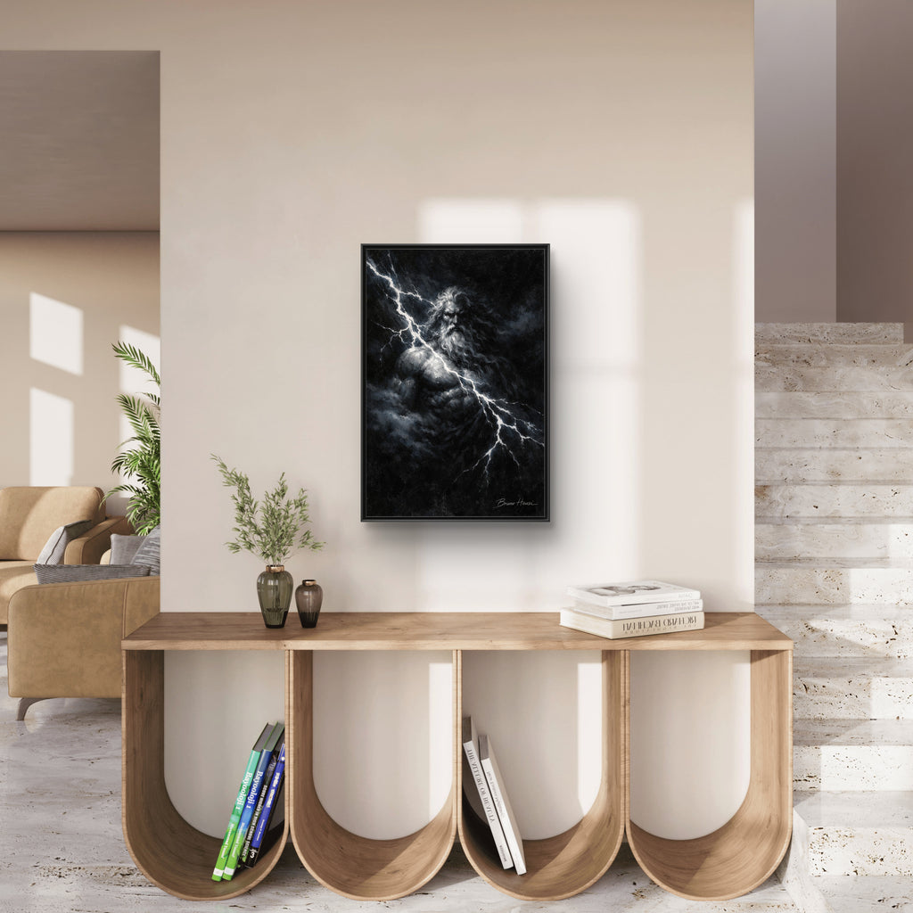 Zeus Lightning God Framed Canvas Wall Art — Stormy Mythology Print