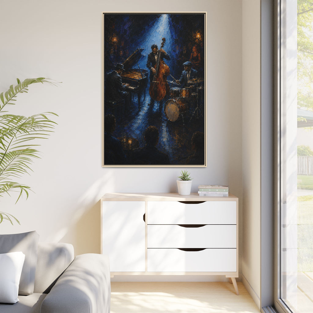 Framed Jazz Quartet Canvas Wall Art – Moody Blue Music Scene