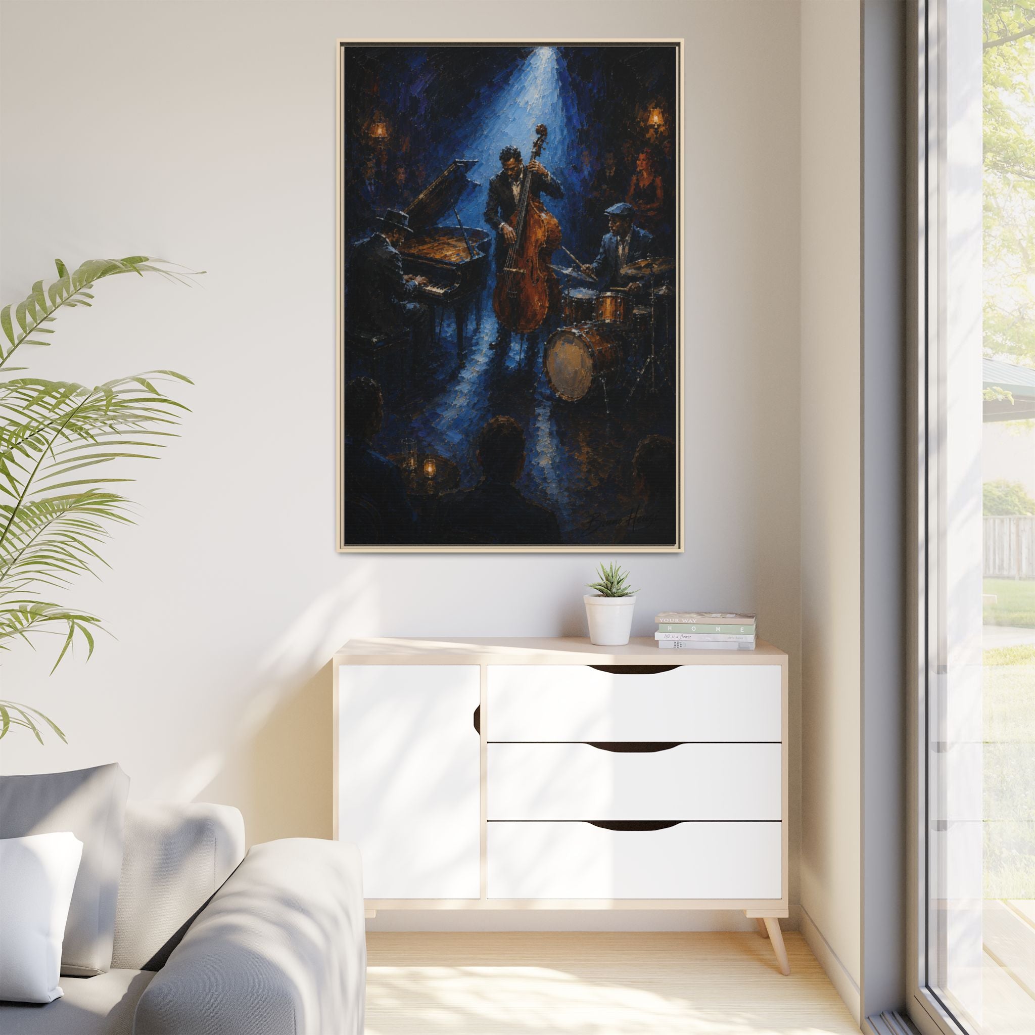 Framed Jazz Quartet Canvas Wall Art – Moody Blue Music Scene