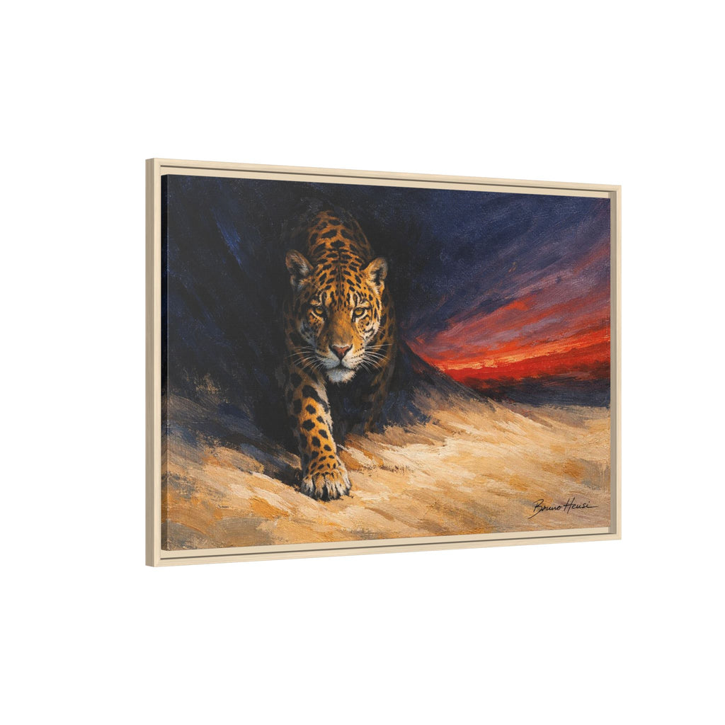 Framed Jaguar Canvas Art – Majestic Big Cat Painting with Sunset Sky