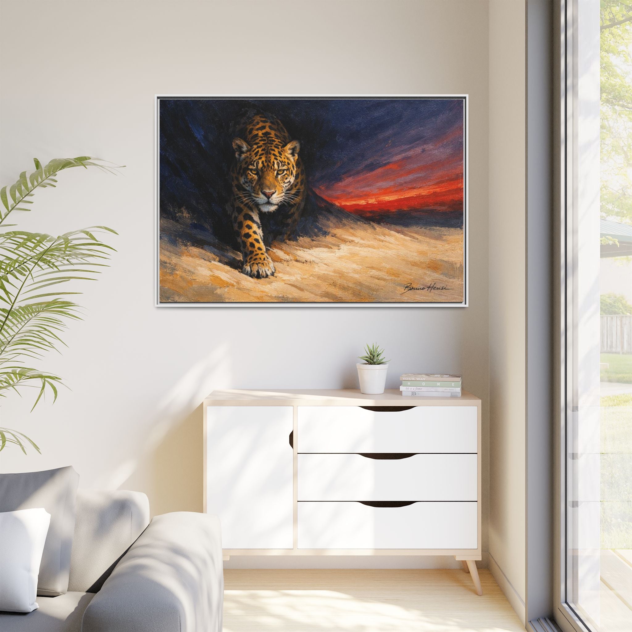 Framed Jaguar Canvas Art – Majestic Big Cat Painting with Sunset Sky