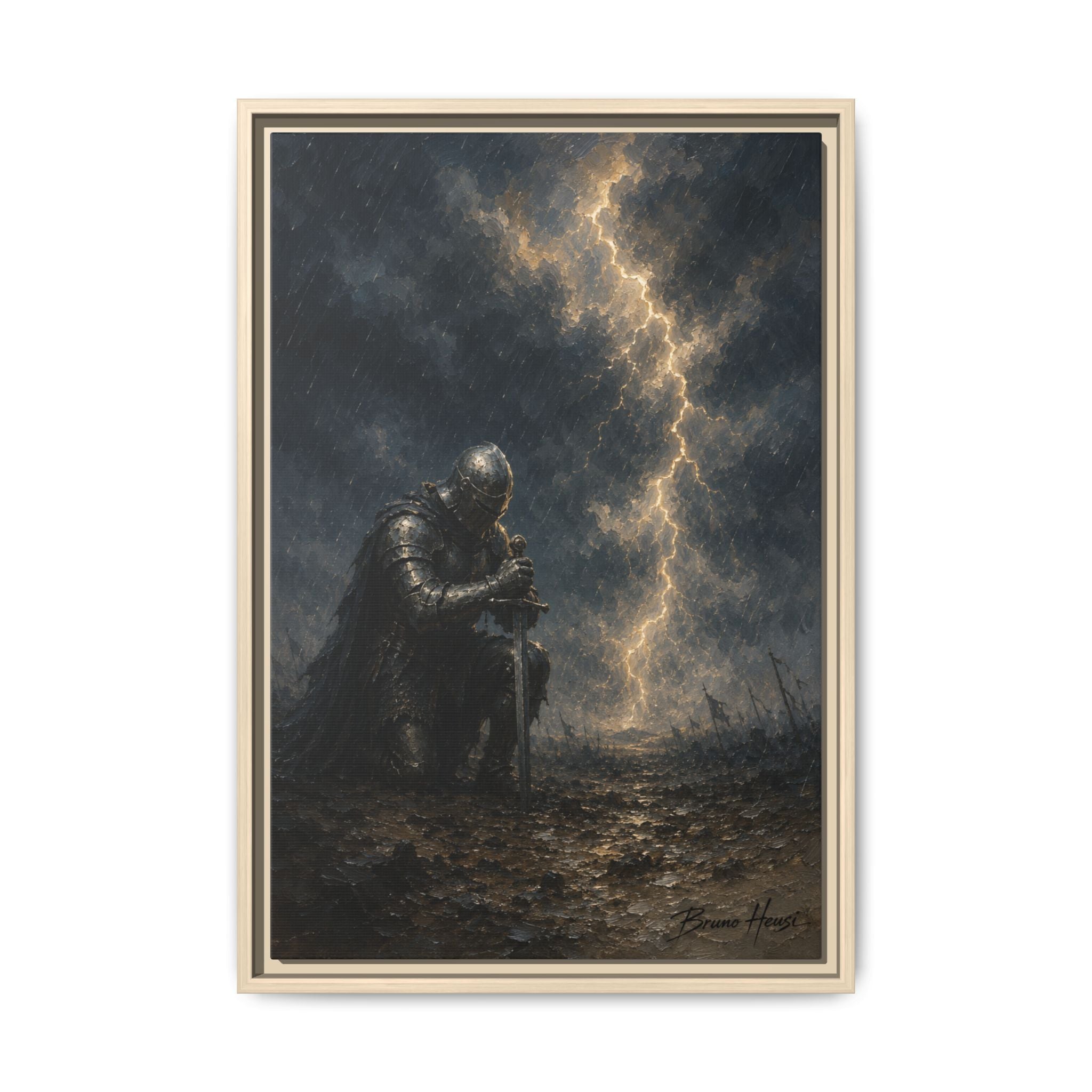 Knight in Thunderstorm Matte Framed Canvas — Dark Fantasy Wall Art
