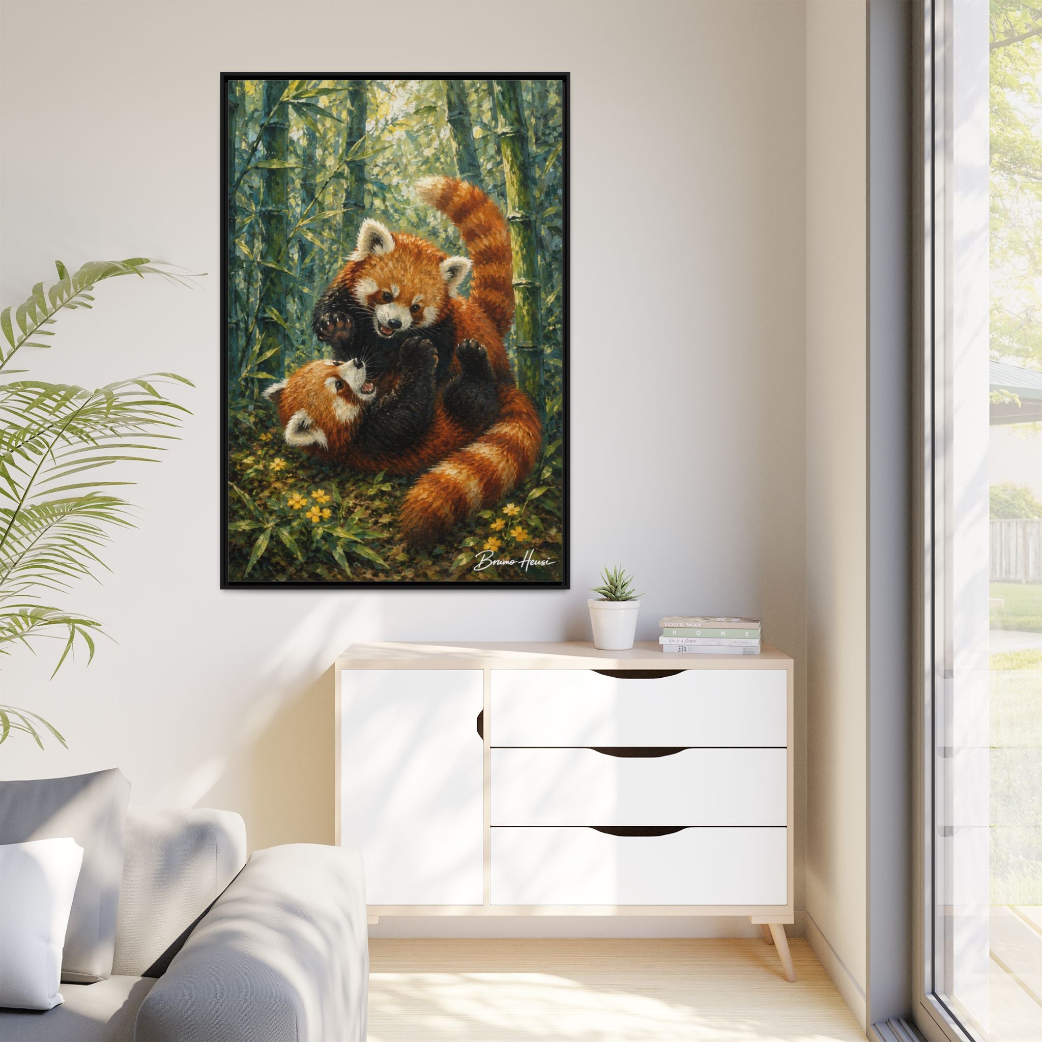 Red Panda Playtime Framed Canvas Wall Art — Playful Wildlife Print