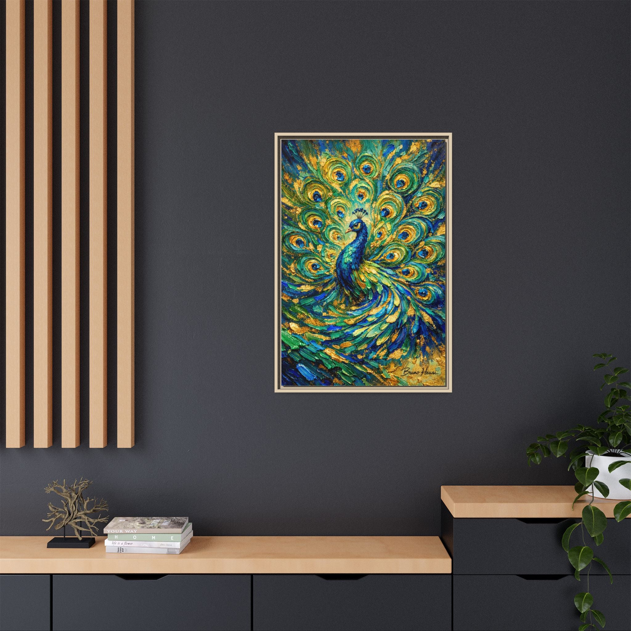 Peacock Oil-Style Framed Canvas Wall Art — Vibrant Blue & Gold Peacock Painting