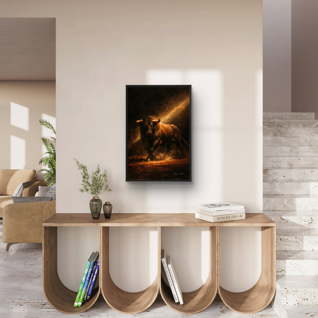 Framed Matte Canvas Art - Dramatic Charging Bull Painting