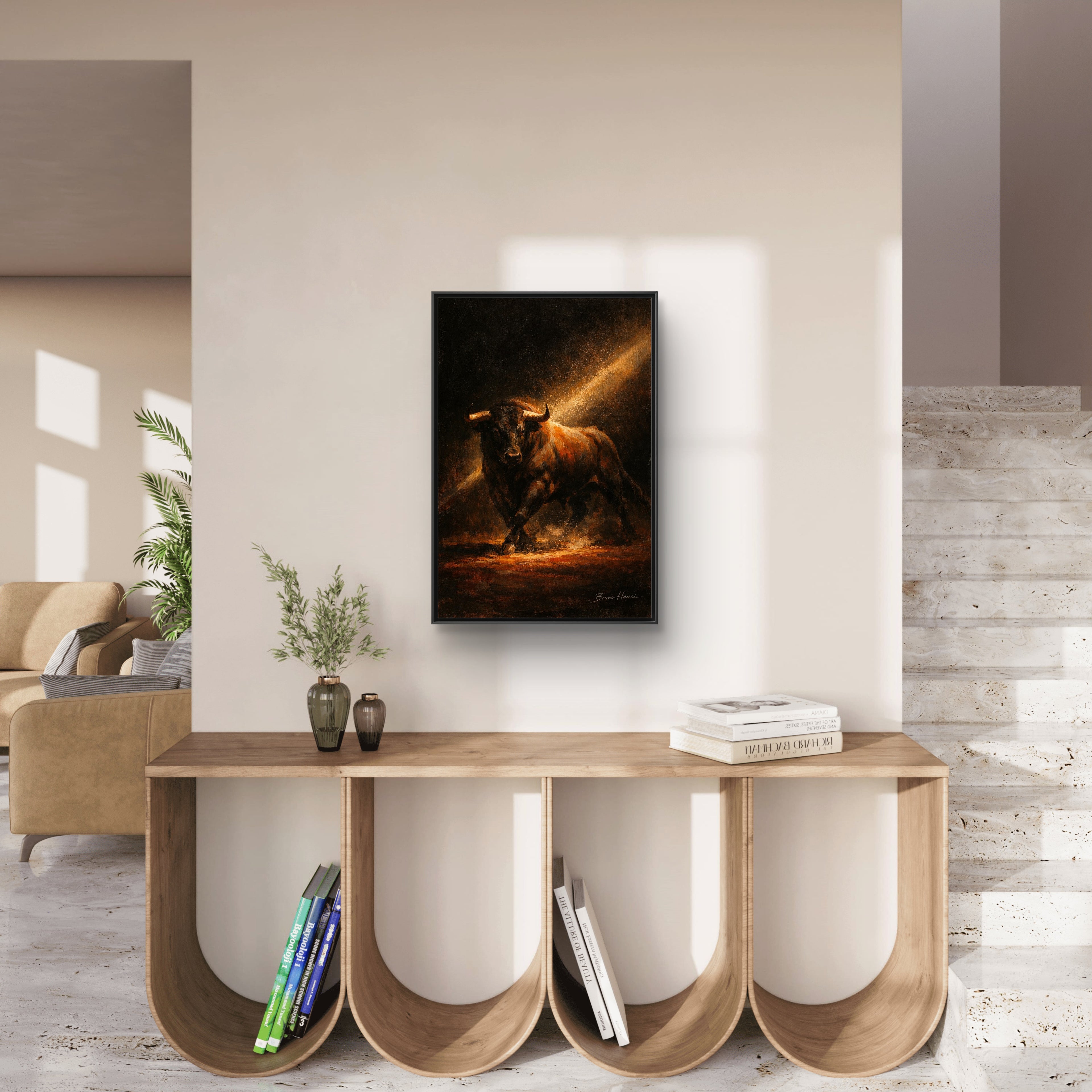 Framed Matte Canvas Art - Dramatic Charging Bull Painting