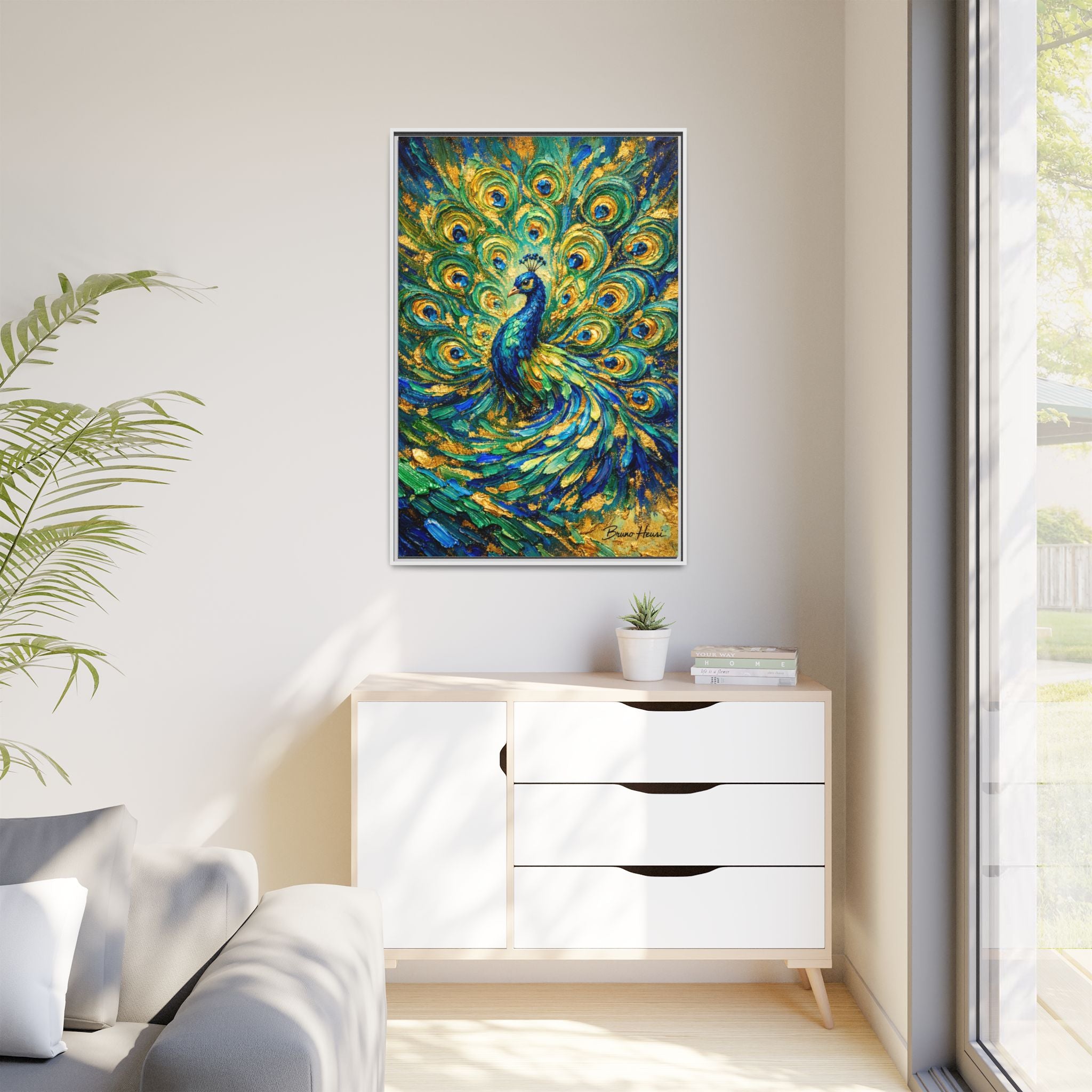 Peacock Oil-Style Framed Canvas Wall Art — Vibrant Blue & Gold Peacock Painting