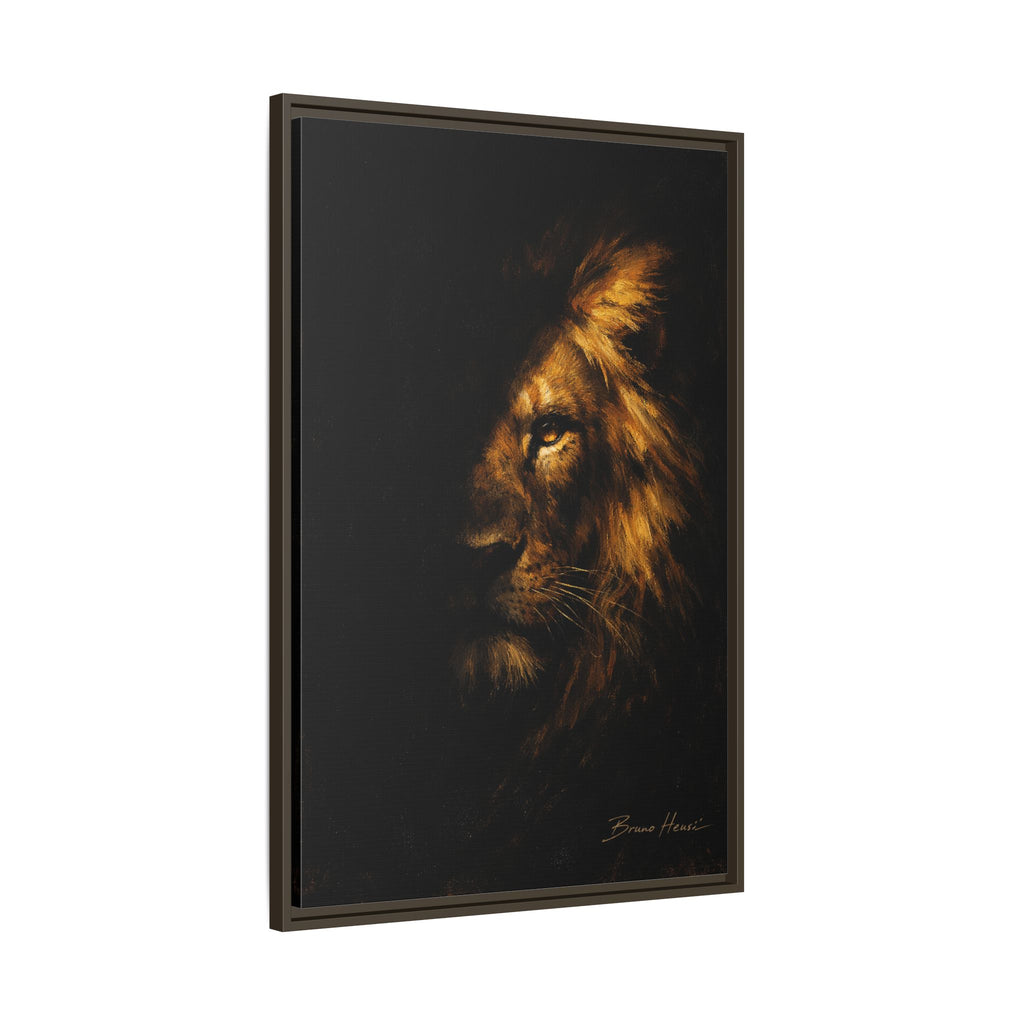 Majestic Lion Portrait Framed Canvas Wall Art — Golden Mane on Black Matte Print