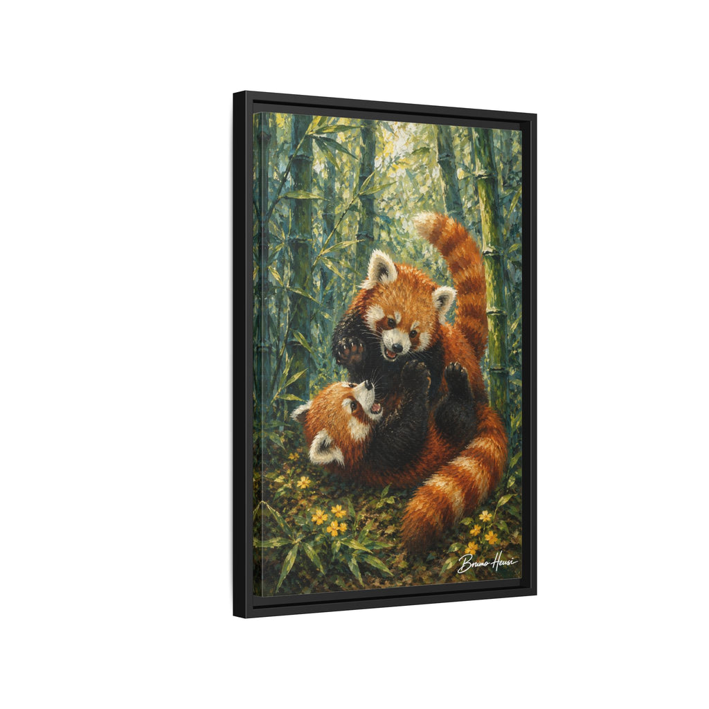 Red Panda Playtime Framed Canvas Wall Art — Playful Wildlife Print
