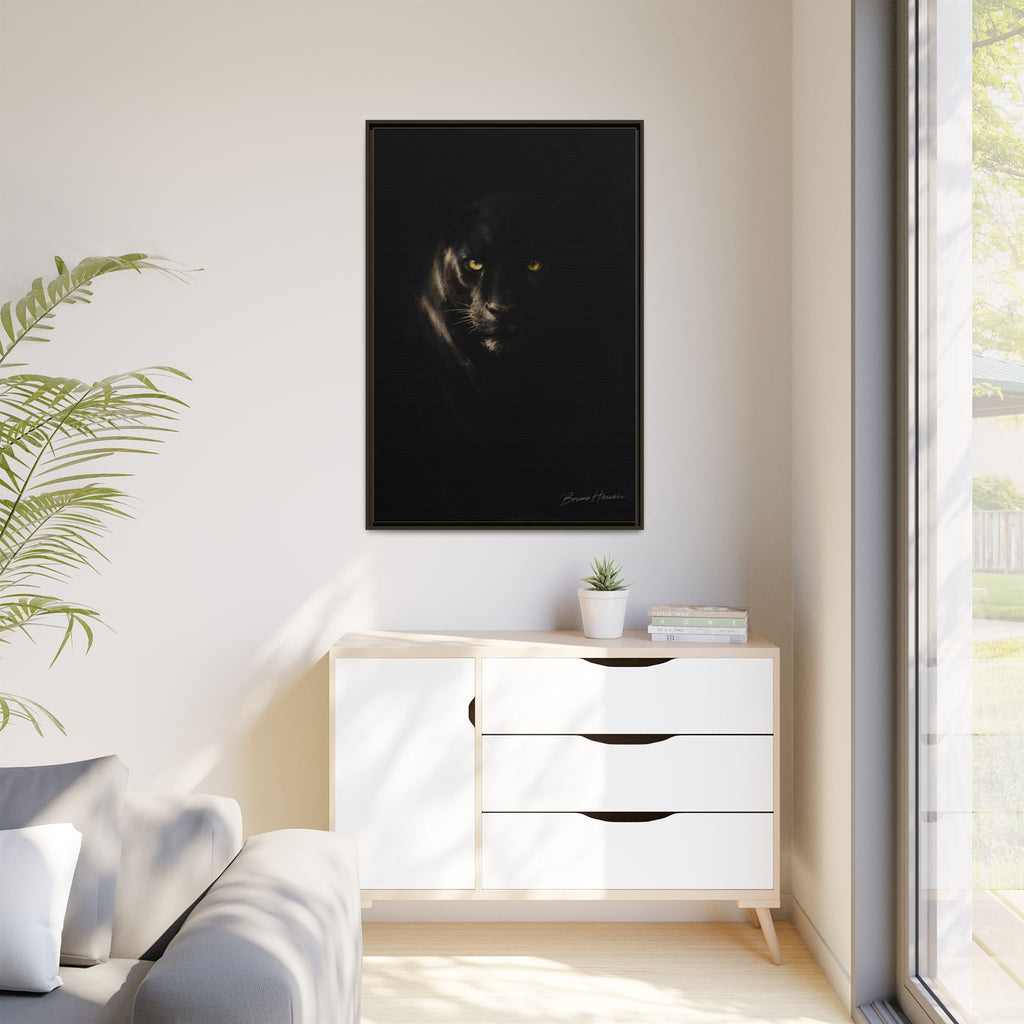 Framed Matte Canvas - Black Panther Wall Art with Golden Eyes