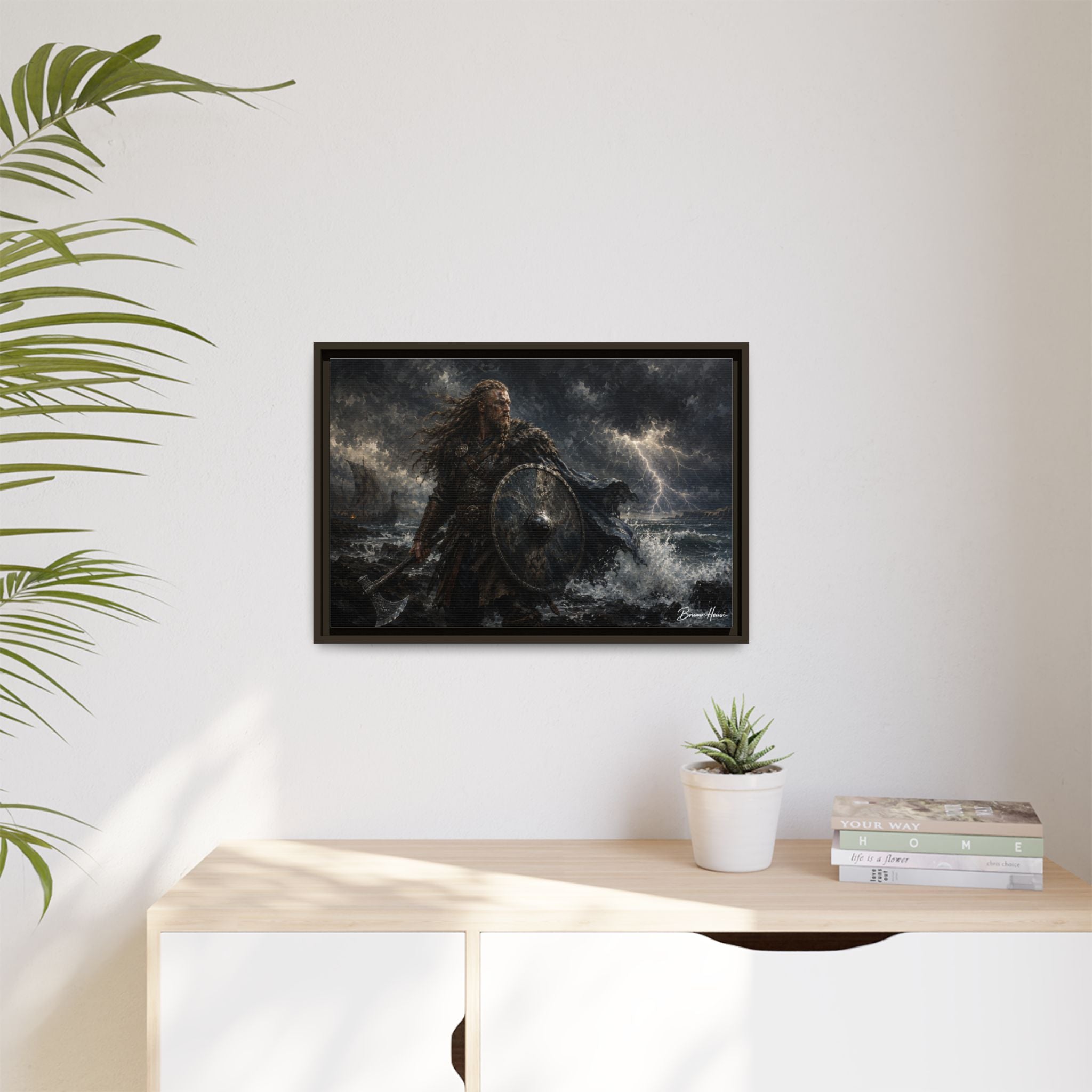 Viking Warrior Matte Framed Canvas Print — Stormy Norse Shield and Axe Wall Art