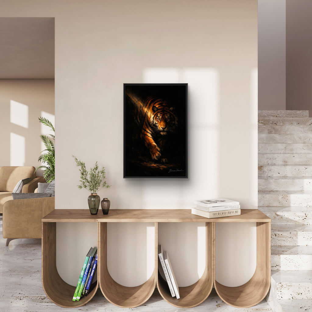 Tiger in the Shadows Matte Framed Canvas Print — Dramatic Wildlife Wall Art