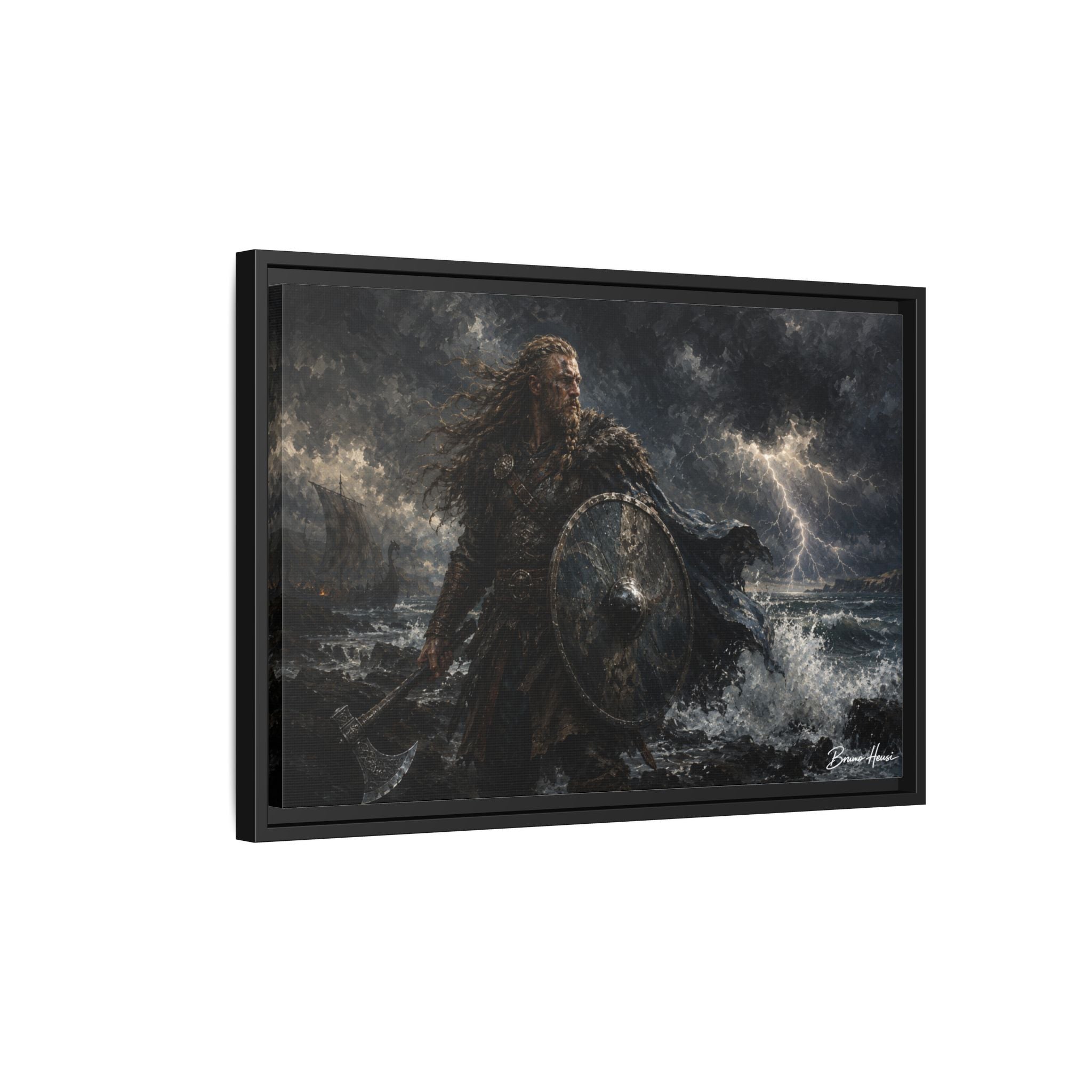 Viking Warrior Matte Framed Canvas Print — Stormy Norse Shield and Axe Wall Art