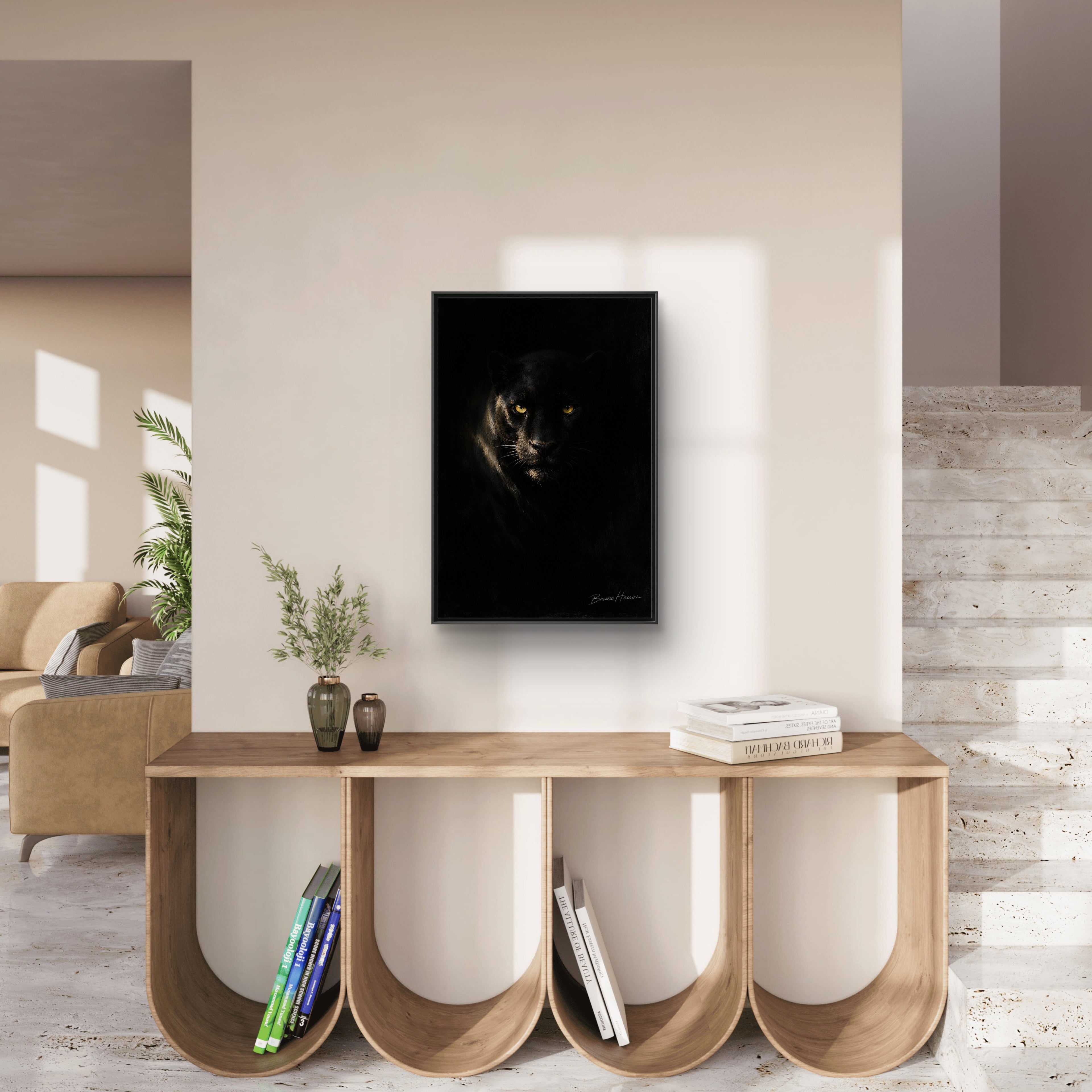 Framed Matte Canvas - Black Panther Wall Art with Golden Eyes