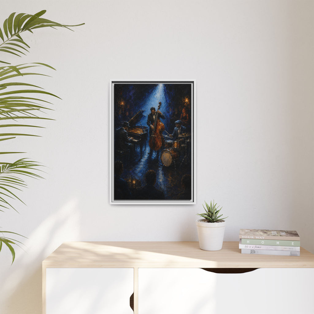 Framed Jazz Quartet Canvas Wall Art – Moody Blue Music Scene