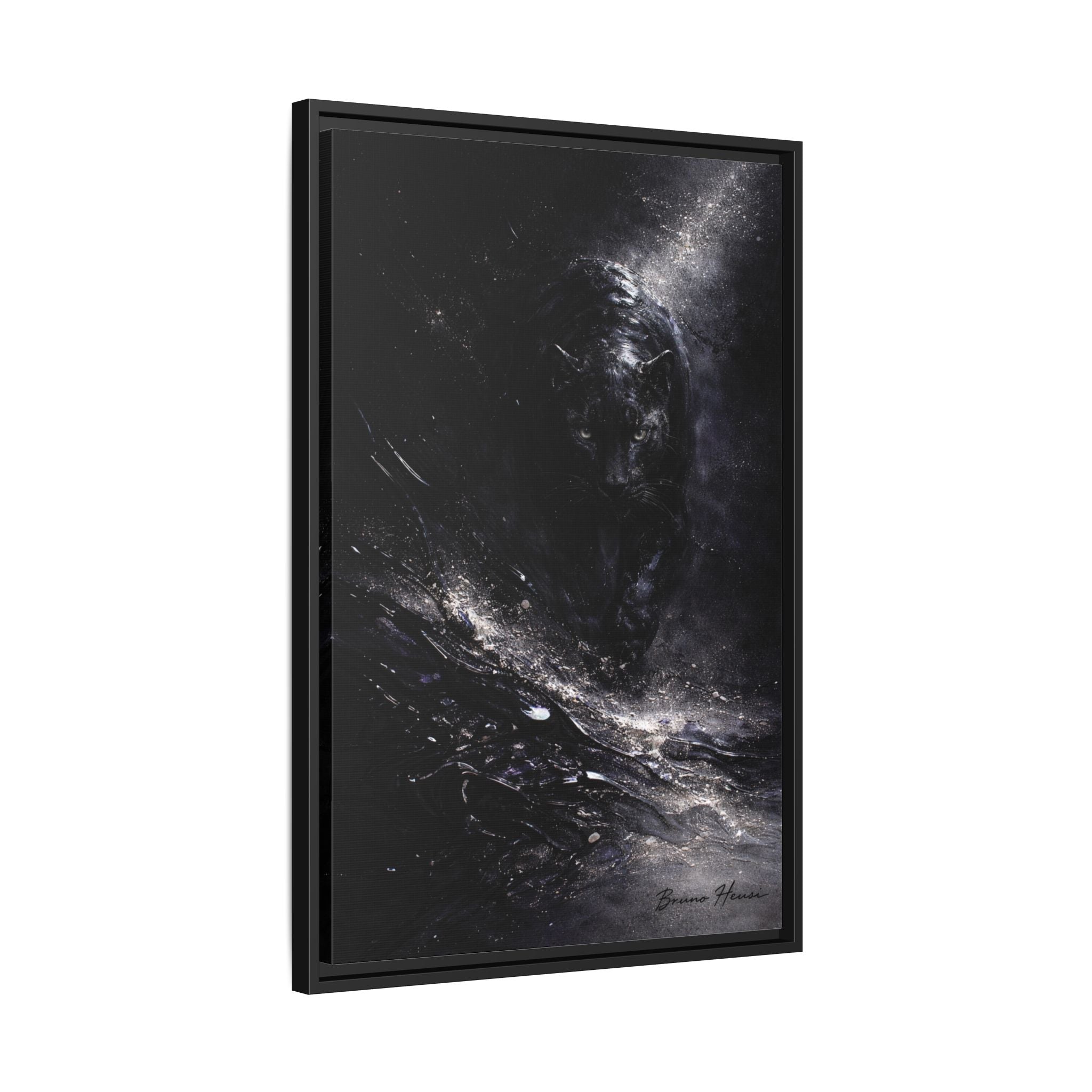 Cosmic Black Panther Matte Framed Canvas – Dark Abstract Wildlife Wall Art