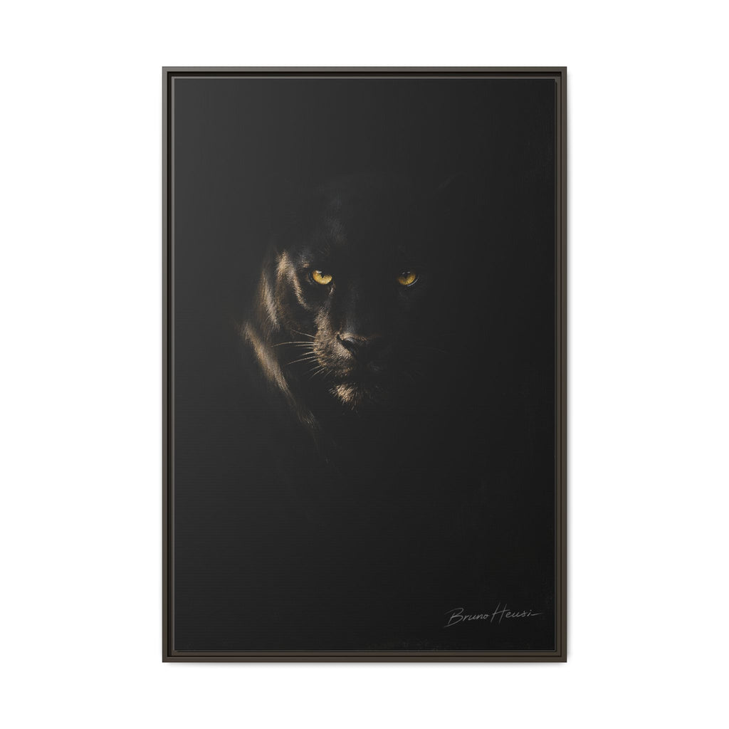 Framed Matte Canvas - Black Panther Wall Art with Golden Eyes