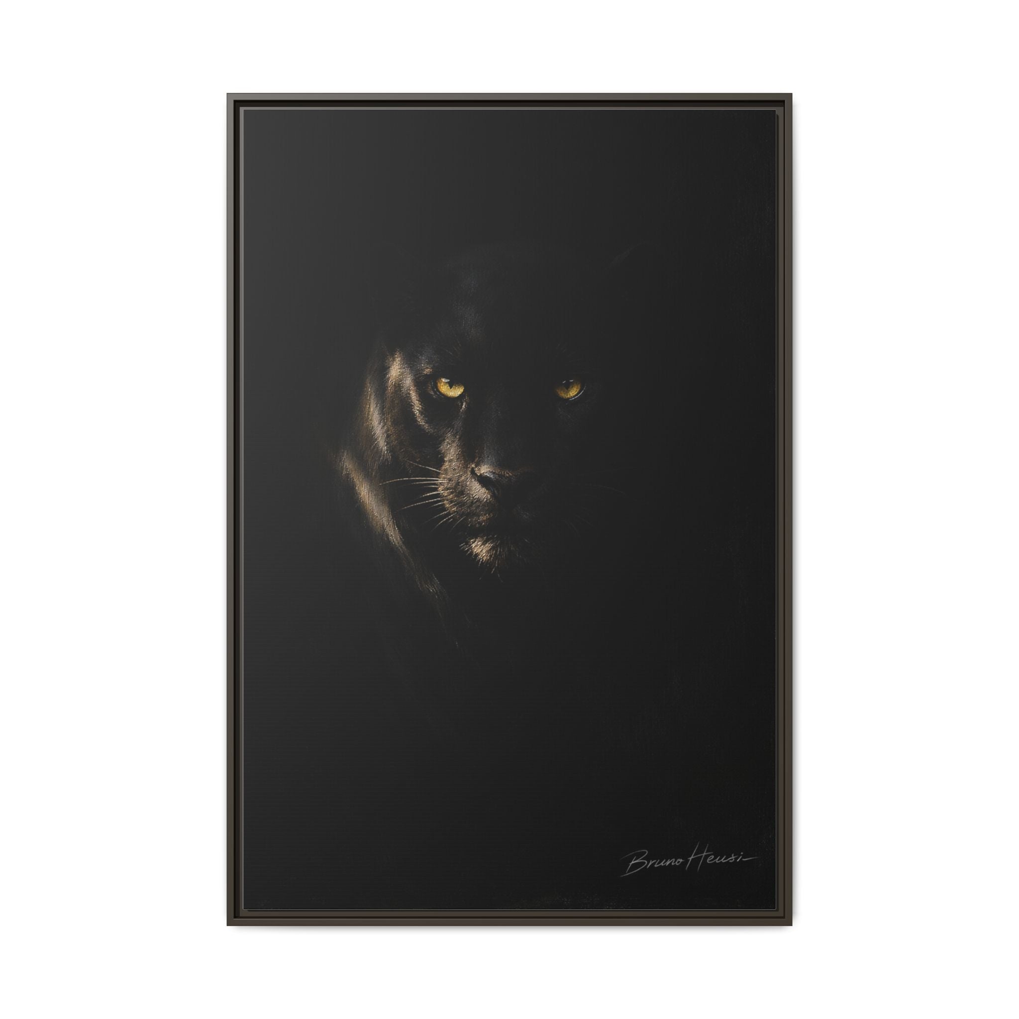Framed Matte Canvas - Black Panther Wall Art with Golden Eyes