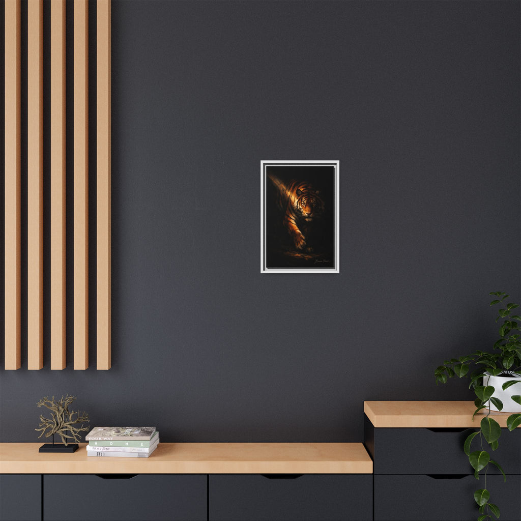 Tiger in the Shadows Matte Framed Canvas Print — Dramatic Wildlife Wall Art