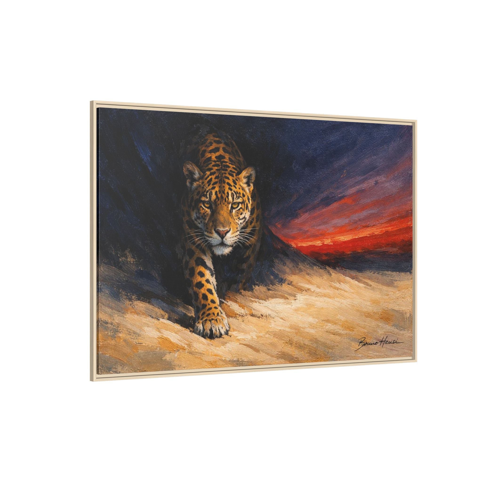 Framed Jaguar Canvas Art – Majestic Big Cat Painting with Sunset Sky