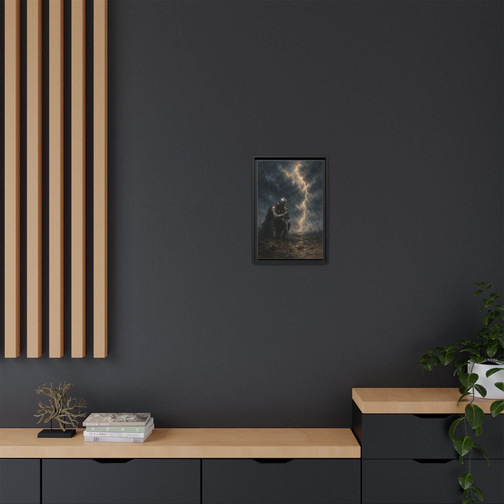 Knight in Thunderstorm Matte Framed Canvas — Dark Fantasy Wall Art