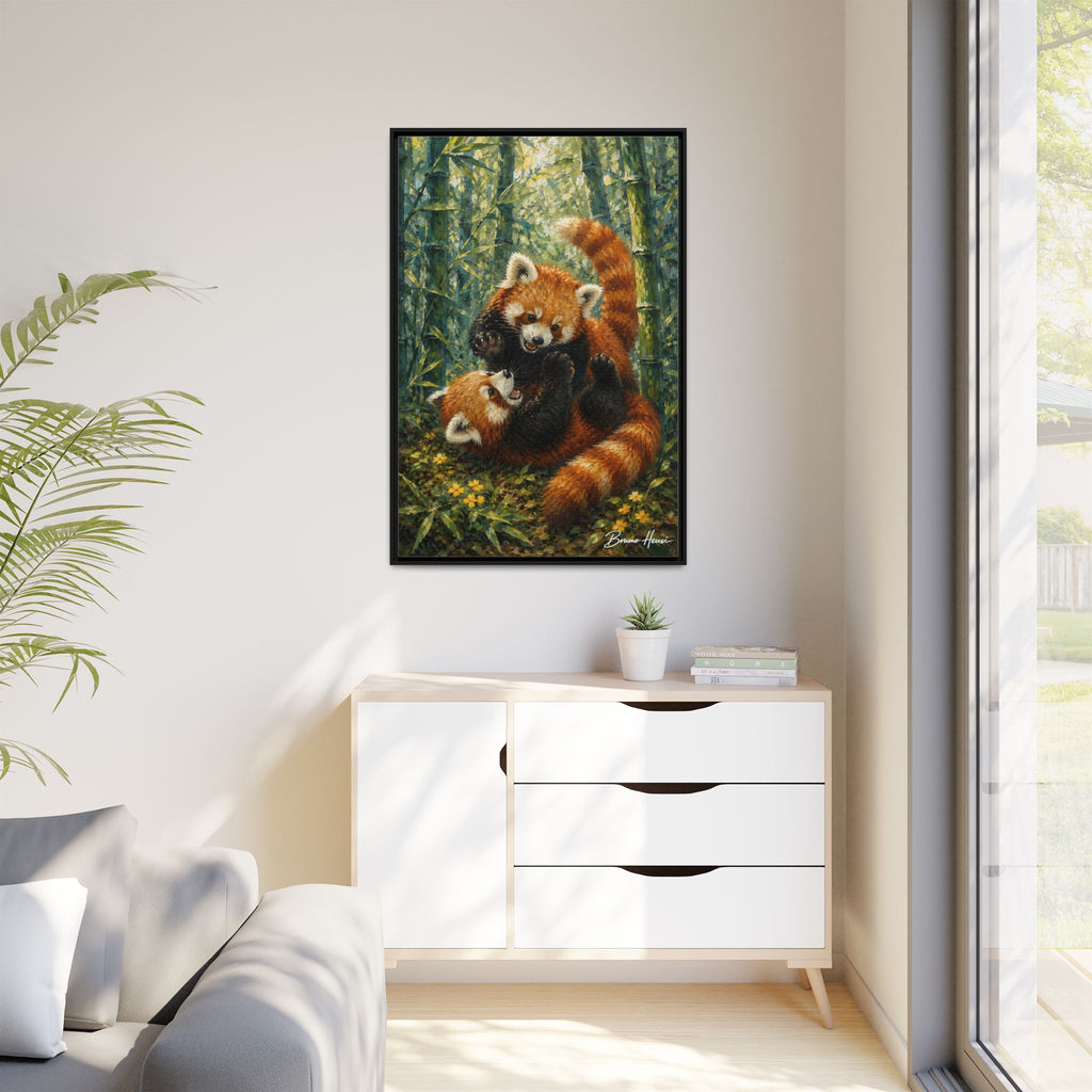 Red Panda Playtime Framed Canvas Wall Art — Playful Wildlife Print