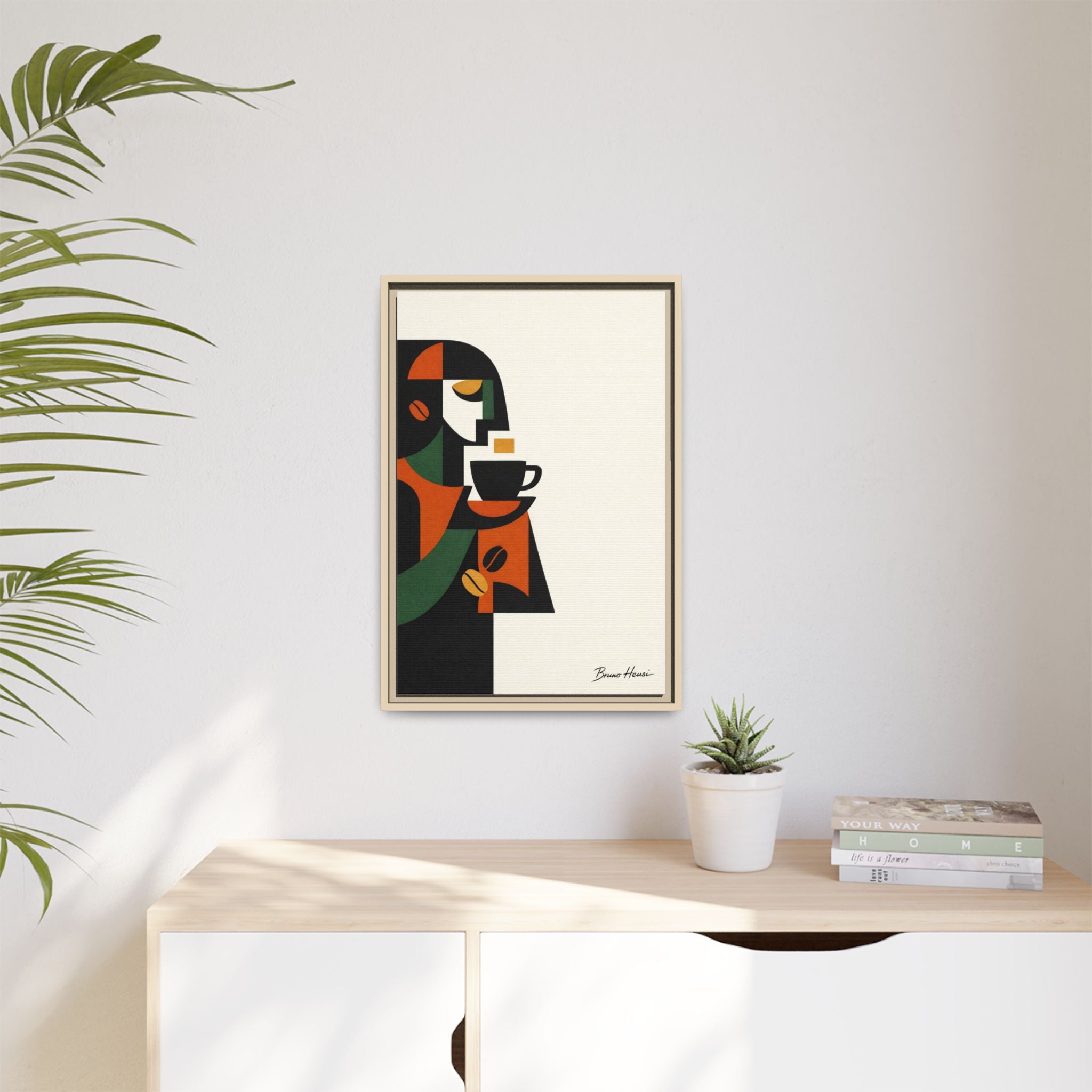 Abstract Coffee Drinker Framed Canvas Print — Modern Café Wall Art