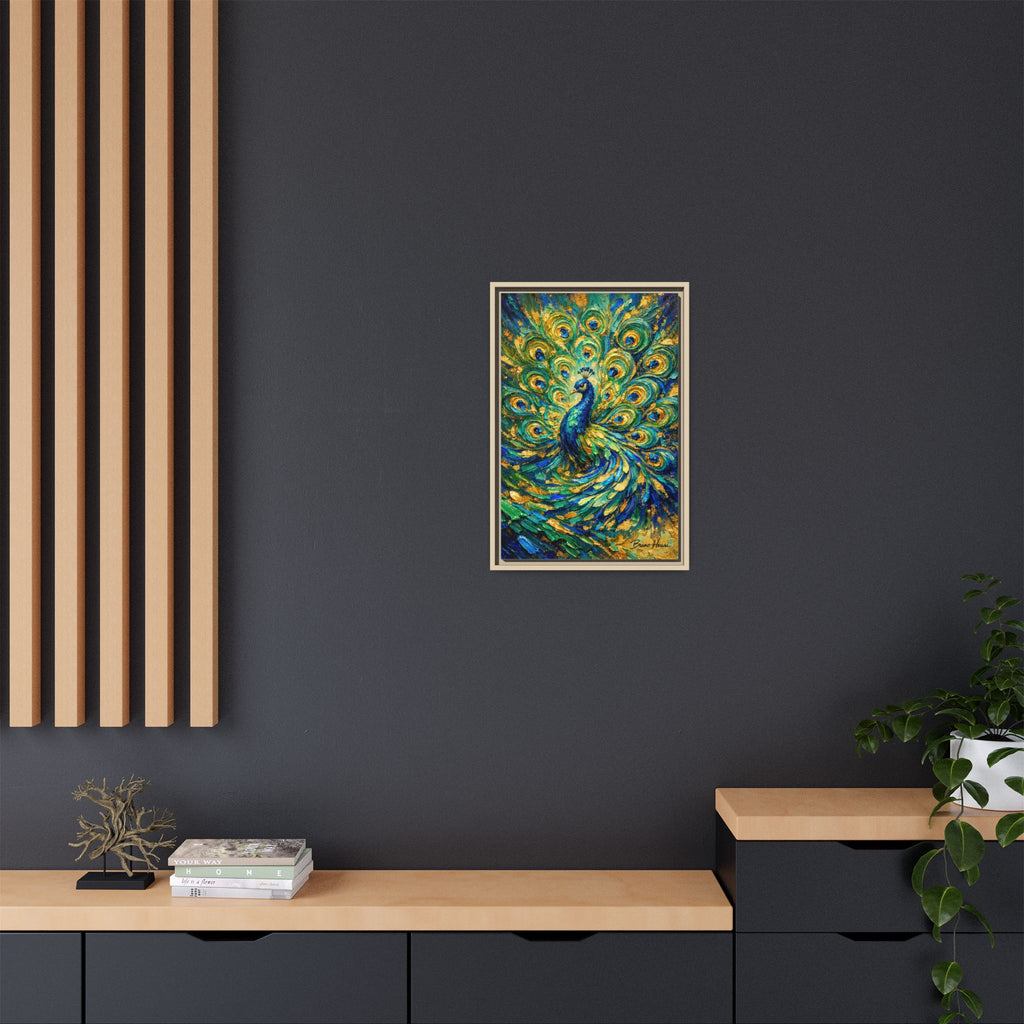 Peacock Oil-Style Framed Canvas Wall Art — Vibrant Blue & Gold Peacock Painting