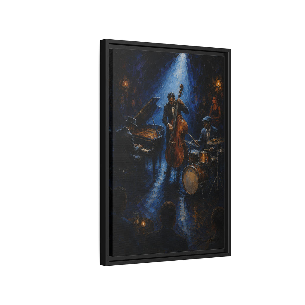 Framed Jazz Quartet Canvas Wall Art – Moody Blue Music Scene