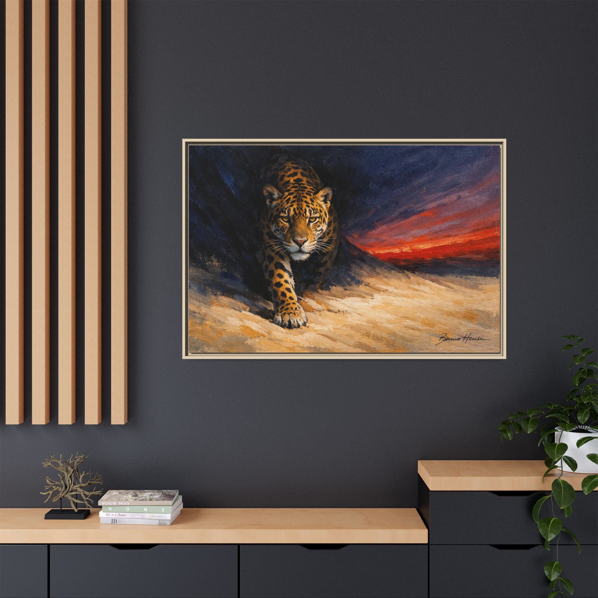 Framed Jaguar Canvas Art – Majestic Big Cat Painting with Sunset Sky