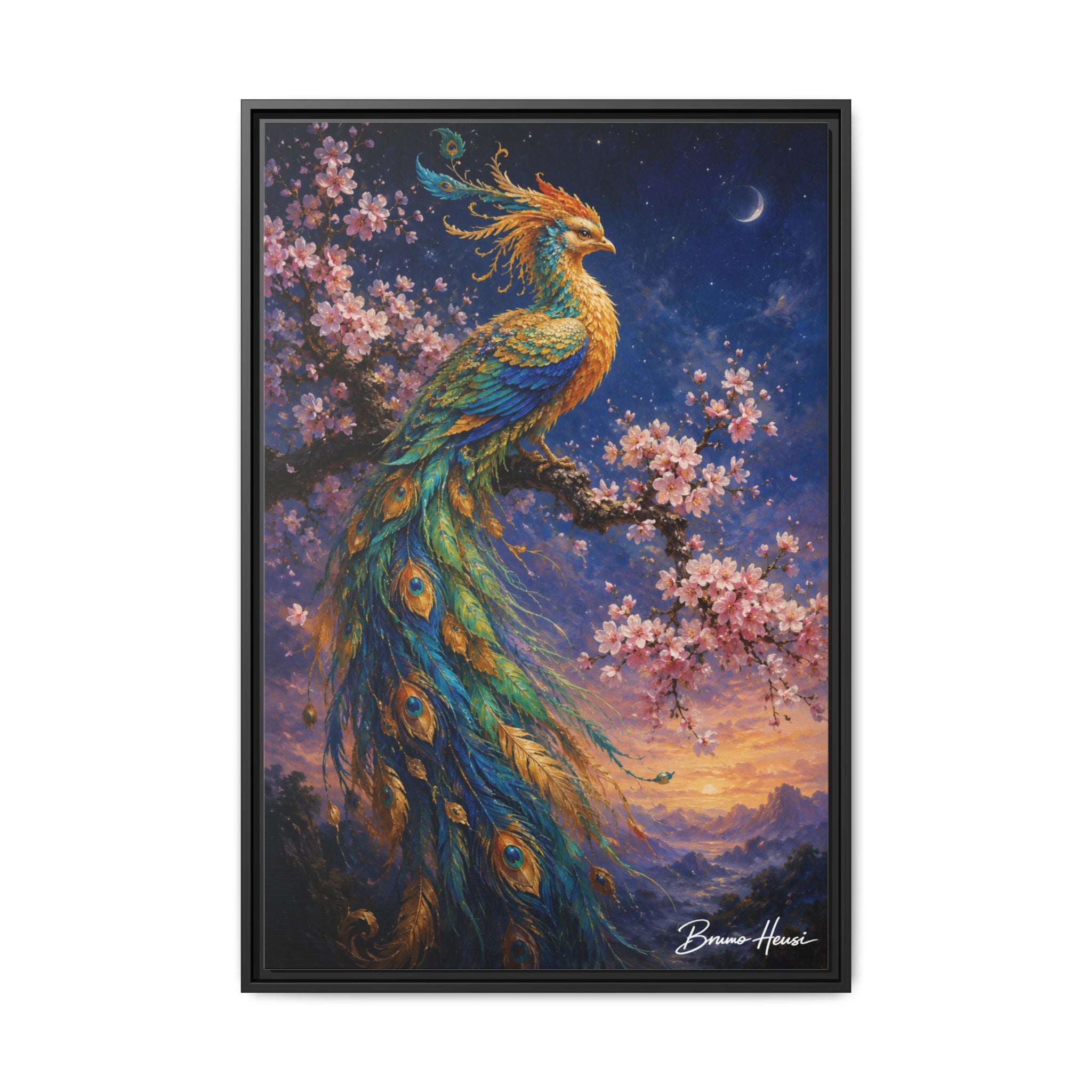 Framed Peacock Canvas Wall Art — Vibrant Fantasy Bird Print