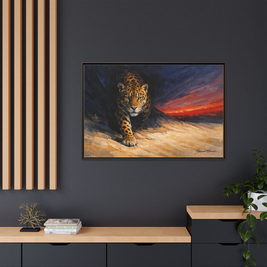 Framed Jaguar Canvas Art – Majestic Big Cat Painting with Sunset Sky