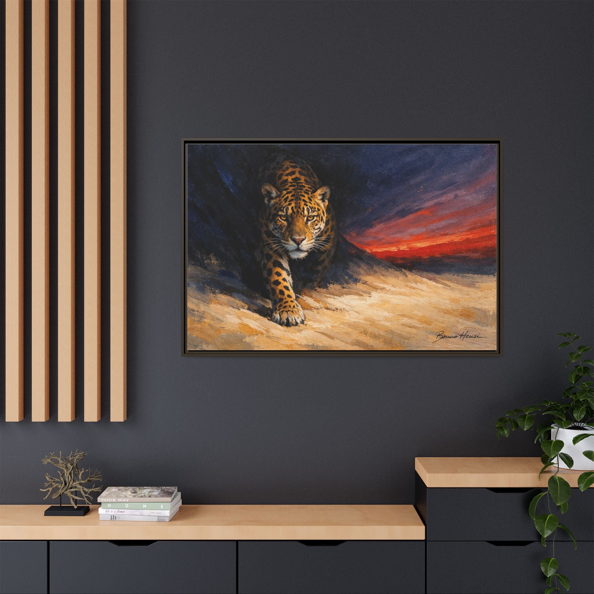 Framed Jaguar Canvas Art – Majestic Big Cat Painting with Sunset Sky