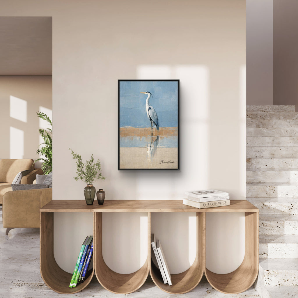 Framed Heron Canvas Art – Coastal Shorebird Wall Decor