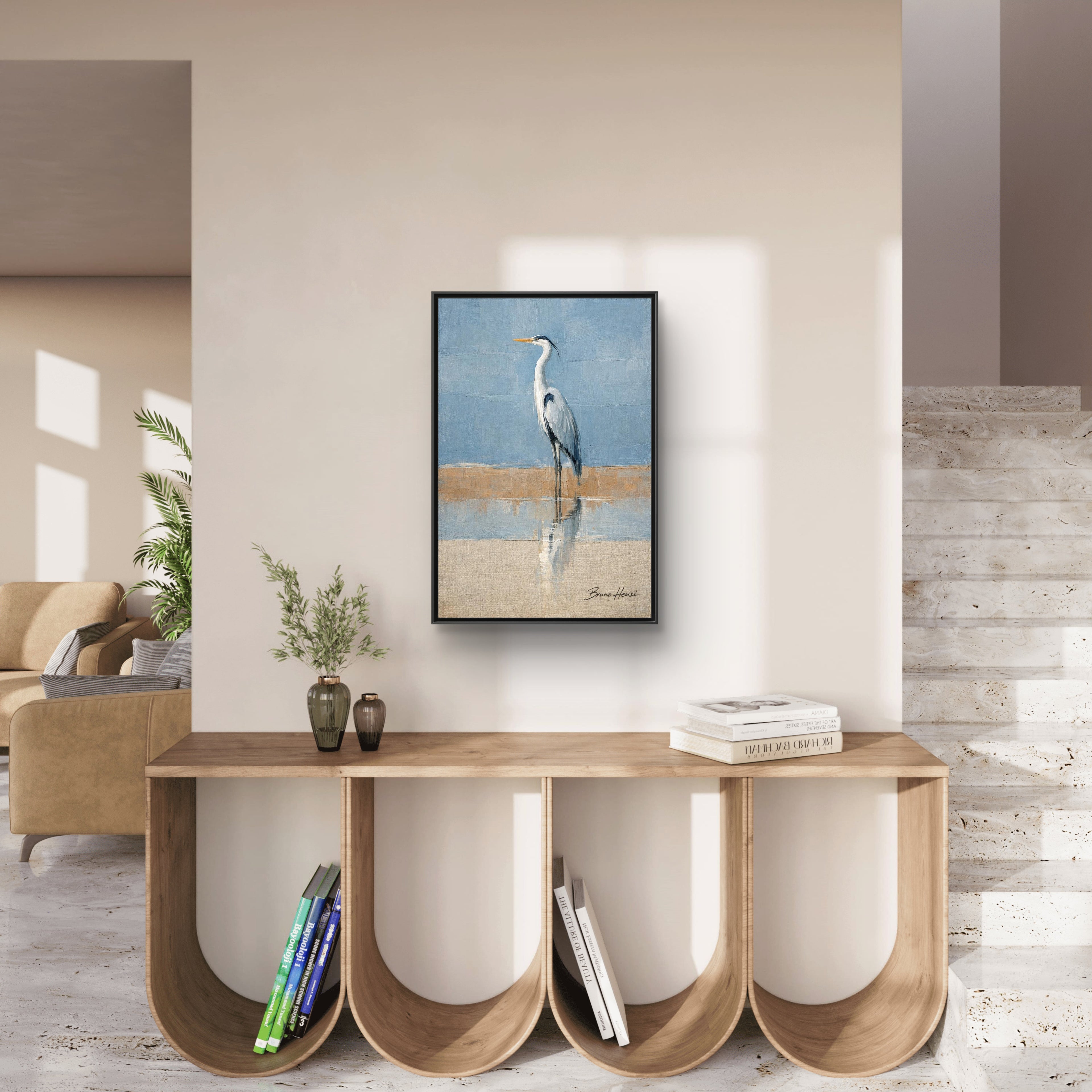 Framed Heron Canvas Art – Coastal Shorebird Wall Decor