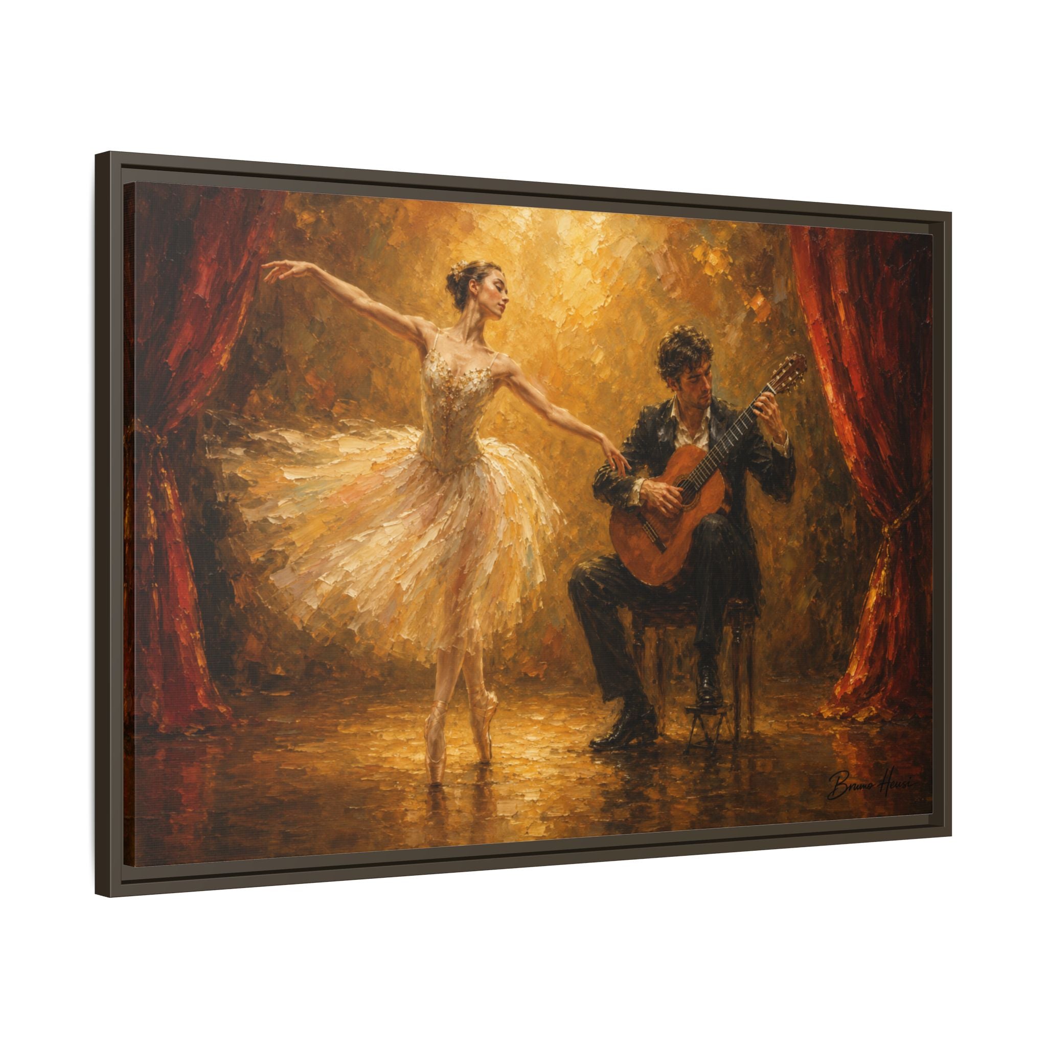 Ballet Dancer & Guitarist Framed Canvas Wall Art — Oil-Style Performance Print